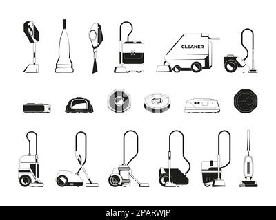 Black vacuum cleaner icon. Washing and cleaning cyclone hoover devices silhouette logo for clean services professional equipment. Vector isolated set. Domestic appliance, electric technology Stock Vector