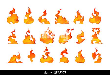 Cartoon fire flame. Heat explosion danger energy blazing ignition, fire power red and orange symbols, fireball magic and campfire light. Vector isolated collection. Flammable elements Stock Vector