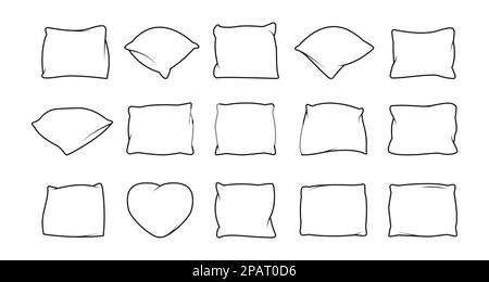 Pillows line icons. Soft cushions for sleeping, comfortable neck support orthopedic different shaped bed decoration thin linear style. Vector outline set. Sofa interior decor of different shape Stock Vector
