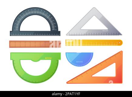 Rulers collection. Measuring scale triangular protractor math geometry tools, school measurement instruments with centimeter inch marks. Vector set. Elements for accurate math drafting Stock Vector