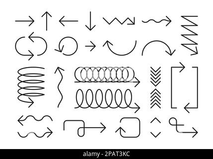 Line arrows. Minimalist doodle geometric pointers different forms, simple thin linear spiral zigzag wave loop marker symbols. Vector isolated set. Right, left, up and down direction, curves Stock Vector