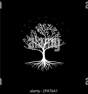 White icon of tree roots silhouette on black background, wise symbol, education sign, boho logo concept, t-shirts print, tattoo template. Vector Stock Vector