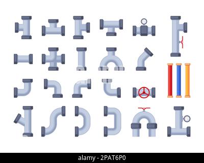 Pipe elements. Water pipeline engineering system details, piping connector construction with tubes and valves drainage system. Vector flat set. Plumbing equipment fitting, steel parts Stock Vector