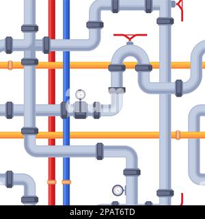 Pipeline pattern. Seamless print with water pipe details, drainage system elements, heating cooling tubes for decorative background. Vector texture. Plumbing construction with indicators Stock Vector