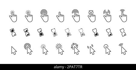 Interface cursor icon. Computer mouse click arrow or finger pointer loading sign, simple internet connection web buttons. Vector linear set. Hourglass animation for waiting, touching screen Stock Vector