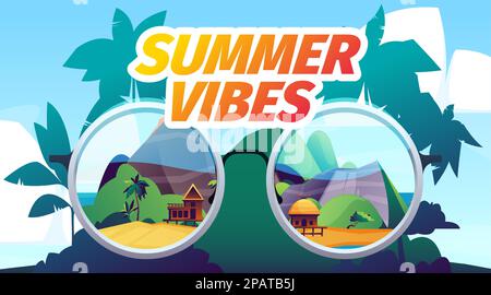 Summer beach sunglasses. Tropical landscape reflection on glasses, eyeglasses rim with lenses and sea panorama, holiday vacation concept. Vector illustration. Island with seaside nature Stock Vector