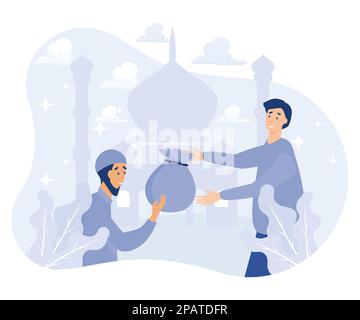 People giving zakat to old man at ramadan month, Ramadan month activities. eid al fitr,  flat vector modern illustration Stock Vector