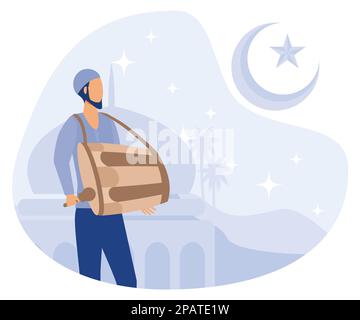 Waking up people at early morning to do sahur time, Ramadan's tradition activities,  flat vector modern illustration Stock Vector