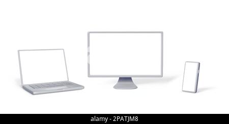 Set of 3D silver computer devices for banner design. Mock up of laptop, PC monitor, smartphone with empty white screen. Vector illustration Stock Vector