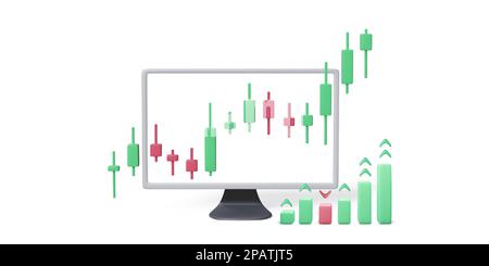 PC monitor with candlestick chart on screen and bar graph. Stock market and cryptocurrencies trading platform. Online stock exchange market. Vector Stock Vector