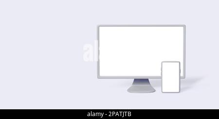 Mock up of 3D PC monitor and mobile phone front view. Modern gadgets with white screens for banner design. Smartphone and computer monitor blank. Vect Stock Vector