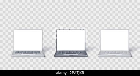 Set of 3D laptop in black and silver colour. Laptop mock up with white screen for business designs. Vector illustration Stock Vector