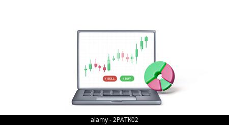 Black laptop with candlestick chart on screen and 3D pie diagram. Stock market analysis and success business investment. Render laptop with online tra Stock Vector