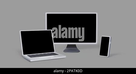 Set of 3D gadgets with black empty screen for banner and template usage. Realistic render of laptop mobile phone and PC monitor. Vector illustration Stock Vector