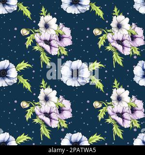 Anemone background. Watercolor seamless pattern with anemone flowers. A bouquet of anemones. Design for textiles, packaging and wallpaper. Dark blue Stock Photo