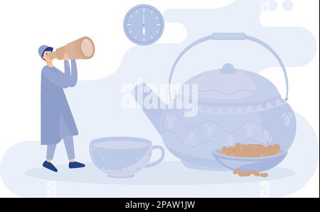 Muslim men are waiting for the time to iftar of Ramadan, ramadan kareem, flat vector modern illustration Stock Vector
