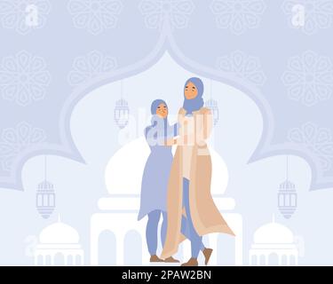 two woman hugging on eid al fitr, activities on Eid al-Fitr, flat vector modern illustration Stock Vector