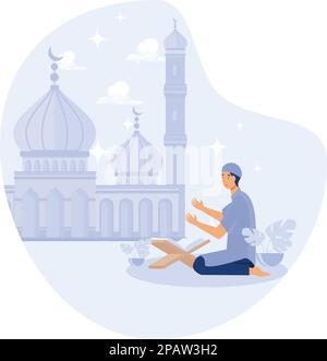 Muslims pray in mosque, ramadan kareem, flat vector modern illustration Stock Vector