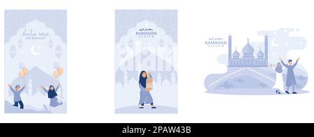 Eid Mubarak vector with Happy kids, muslim girl holding lantern with crescent moon, stars and mosque as background, set flat vector modern illustratio Stock Vector
