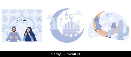 happy fasting, Ramadan Kareem, happy ramadan mubarak greeting concept, with islamic background, set flat vector modern illustration Stock Vector