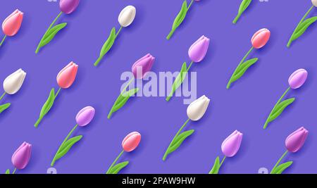 Vector pattern of tulip flowers reapeting on diagonal movement, violet and pink trendy colours, 3d render graphic background Stock Vector