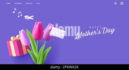 3d composition with tulip bouquet with envelope and bird singing, mothers day greeting web banner illustration Stock Vector