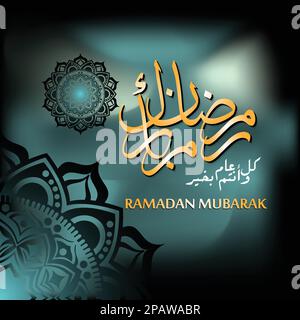 Arabic Calligraphy of Ramadan Kareem Text with Hanging Illuminated Lanterns and Mandala Pattern on Green Mosque Background. Stock Vector