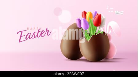 3d Easter illustration with chocolate egg and tulip bouquet inside it and bunny hiding behind, pink colours Stock Vector