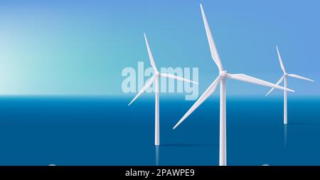 Wind electro station in the ocean 3d illustration, realistic render style, green energy concept Stock Vector