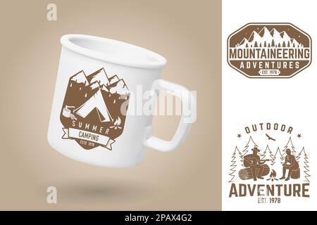 White camping cup. Realistic mug mockup template with sample design. Vector 3d illustration. Just hike and be happy. Summer camp. Quotes about camping Stock Vector