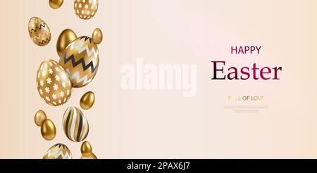 Happy Easter golden eggs with a geometric pattern on a light background. Gift card voucher template, modern poster, creative banner. Vector Stock Vector