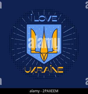 I love Ukraine badge design with Ukraine coat of arms and sunursts. Retro Ukrainian label. Stock vector emblem sticker isolated. Stock Vector