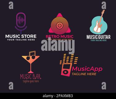 Music retro style emblems with modern and classic instruments on light ...