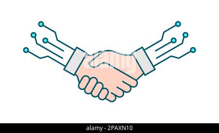 Digital handshake concept. Two hands with microchips. AI solution. Cooperation between humans and artificial intelligence. Technology business deal Stock Vector