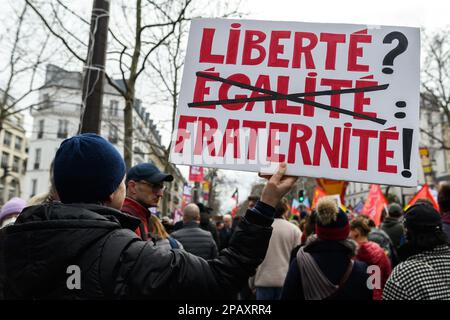Paris, France . 12th Mar, 2023. Julien Mattia / Le Pictorium -  Demonstration against the pension reform in Paris -  12/3/2023  -  France / Paris / Paris  -  Demonstration against the pension reform. Tens of thousands of people gathered in Paris to demonstrate against the pension reform project initiated by the Borne government. Credit: LE PICTORIUM/Alamy Live News Stock Photo