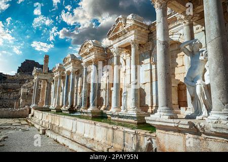 Sagalassos ancient city near Burdur, Turkey. Ruins of the Upper Agora in the roman city. Stock Photo