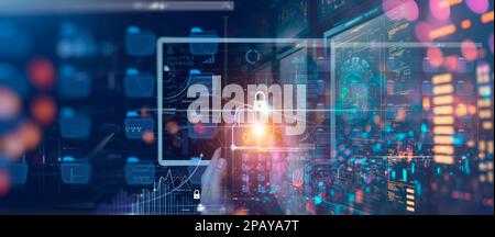 GDPR. EU. Cyber security network. Businessman using laptop and digital padlock with data protection on internet technology networking and social netwo Stock Photo