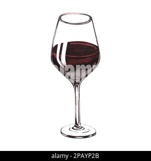 Watercolor red wine in a glass. Alcoholic drink hand-drawn illustration isolated on white background. Concept for wine list, label, banner, menu Stock Photo