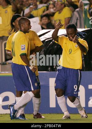 Brazilian Ronaldinho Gaucho celebrates his goal against Bolivia at