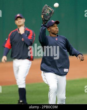 Cleveland Indians center fielder Kenny Lofton tosses his helmet after being  caught while trying to steal second in the first inning against the Kansas  City Royals on Friday, August 24, 2007, at