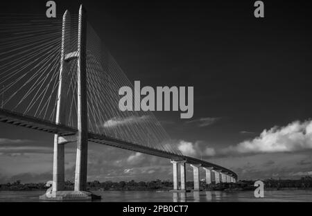 Approaching the Tsubasa Bridge across the Mekong River in Kandal Province, Cambodia. Stock Photo