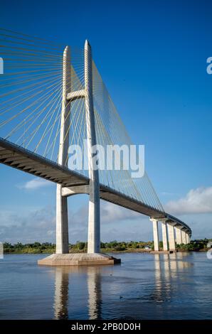 Approaching the Tsubasa Bridge across the Mekong River in Kandal Province, Cambodia. Stock Photo