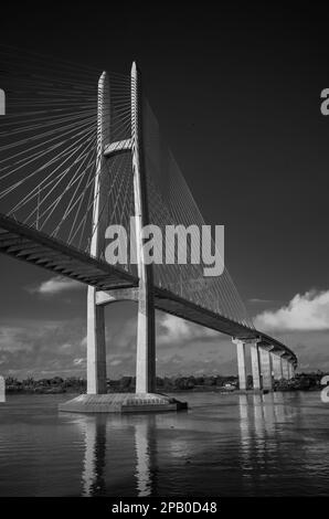 Approaching the Tsubasa Bridge across the Mekong River in Kandal Province, Cambodia. Stock Photo