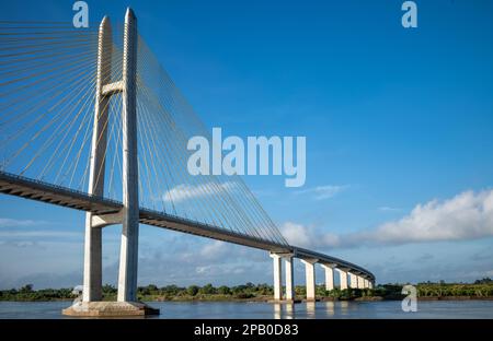 Approaching the Tsubasa Bridge across the Mekong River in Kandal Province, Cambodia. Stock Photo