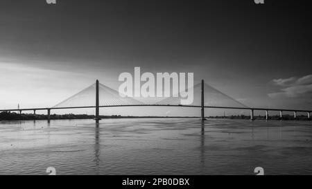 Approaching the Tsubasa Bridge across the Mekong River in Kandal Province, Cambodia. Stock Photo