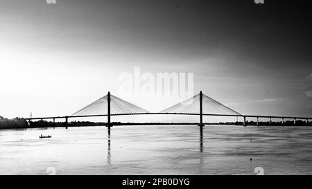 Approaching the Tsubasa Bridge across the Mekong River in Kandal Province, Cambodia. Stock Photo