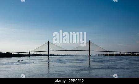 Approaching the Tsubasa Bridge across the Mekong River in Kandal Province, Cambodia. Stock Photo