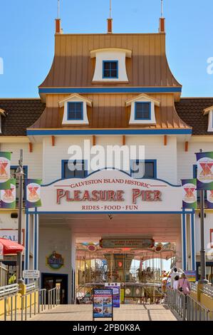 Galveston, Texas, USA - February 2023: Entrance to the historic pier on the seafront of Galveston Stock Photo