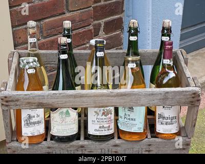Bottles of Local Cider and Vinegar for sale, in a wooden crate, Honfleur, Normandy, France Stock Photo