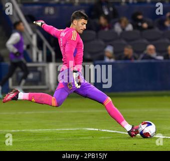 Kansas City, USA. 11th Mar, 2023. Los Angeles Galaxy goalkeeper Jonathan Bond (1) sends the ball downfield. Sporting KC hosted the LA Galaxy in a Major League Soccer game on March 11, 2023 at Children's Mercy Park Stadium in Kansas City, KS, USA. Photo by Tim Vizer/Sipa USA Credit: Sipa USA/Alamy Live News Stock Photo